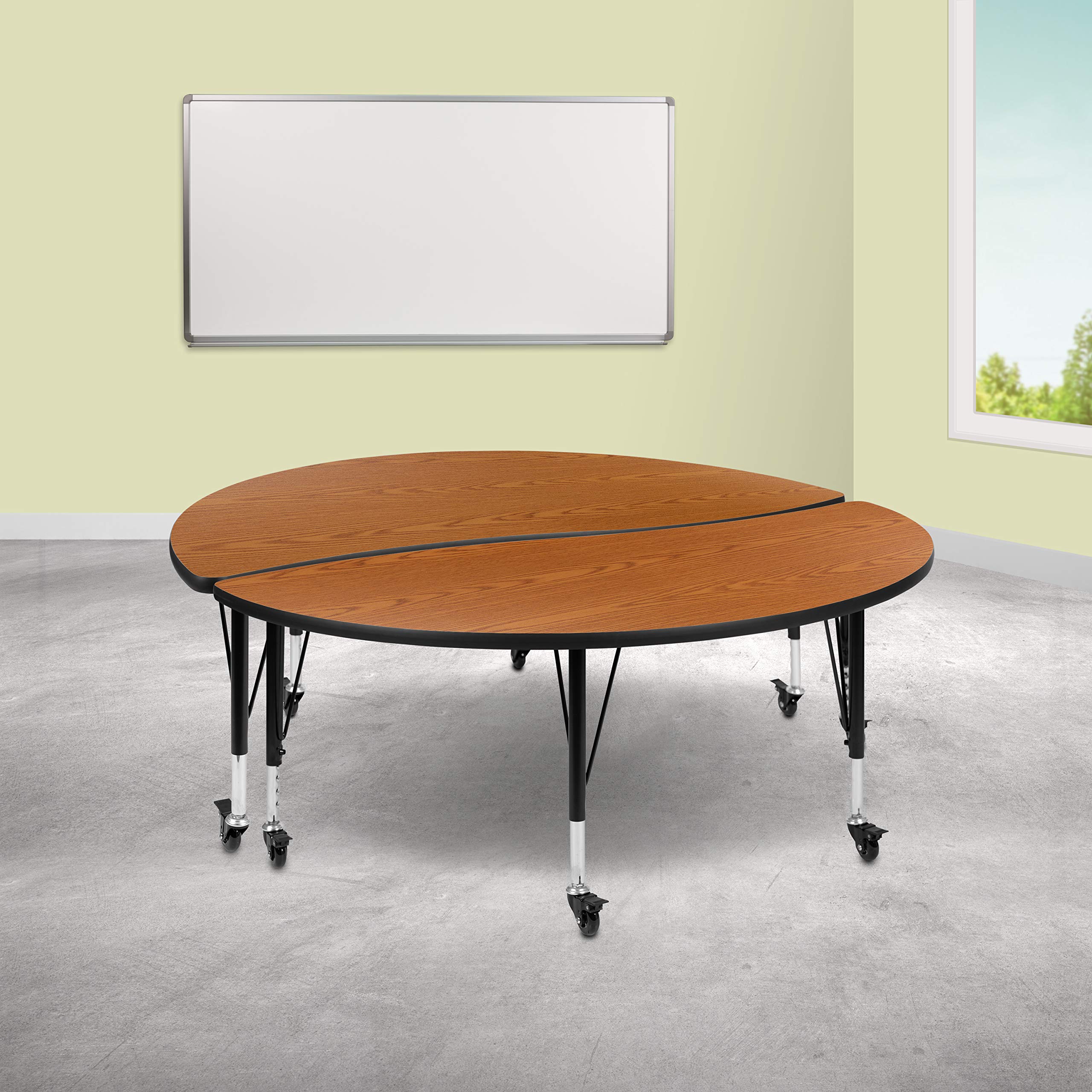Flash Furniture 2 Piece Mobile 60" Circle Wave Collaborative Oak Thermal Laminate Kids Adjustable Activity Table Set